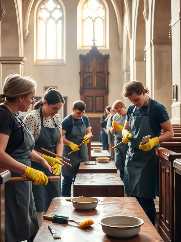 A photograph of volunteers assisting with the conservation of a historical artifact at the Musée de la Haute Auvergne, demonstrating SAMHA's commitment to preservation.