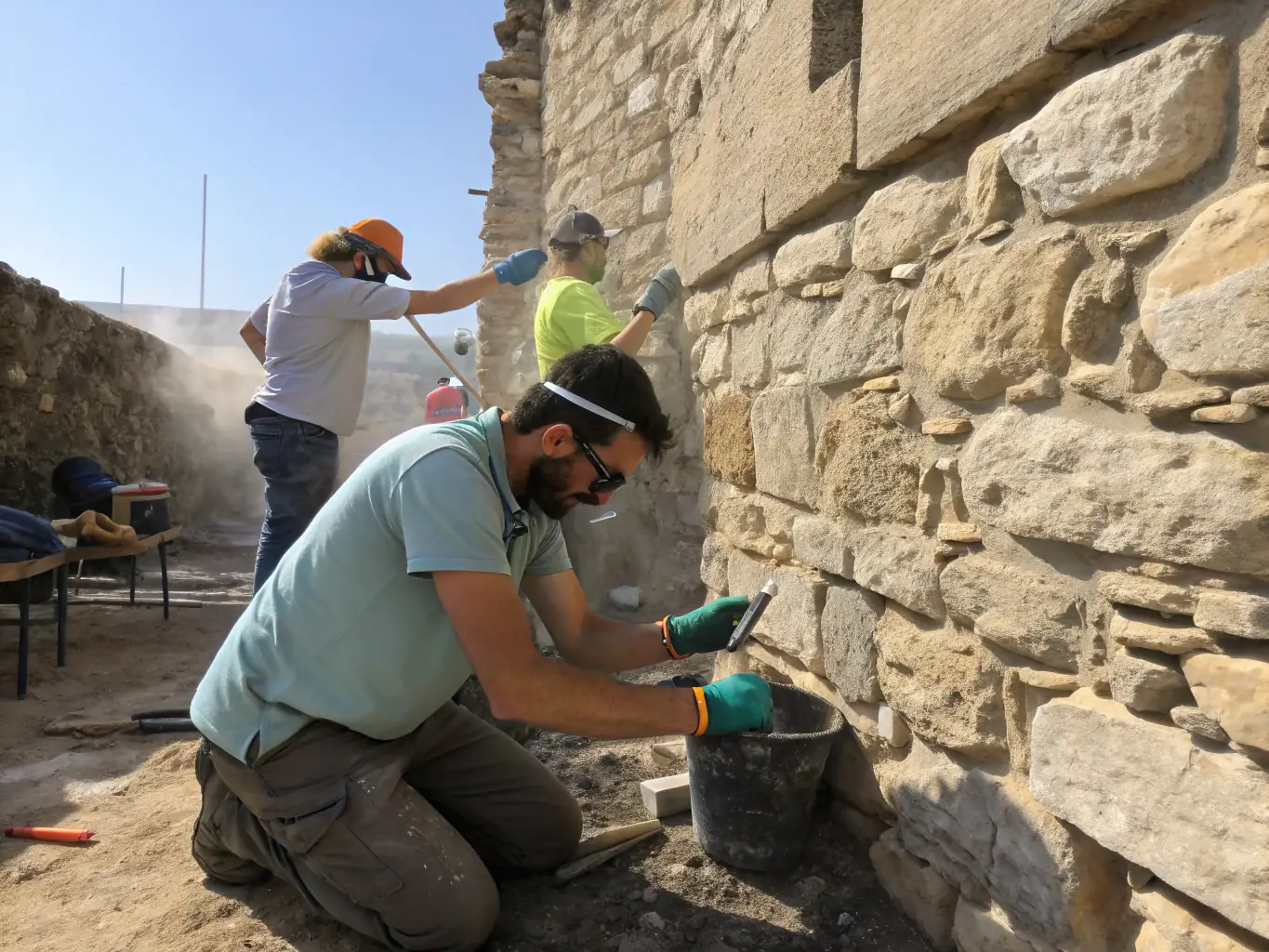 A photograph depicting SAMHA volunteers working on the conservation of artifacts at the Musée de la Haute Auvergne.