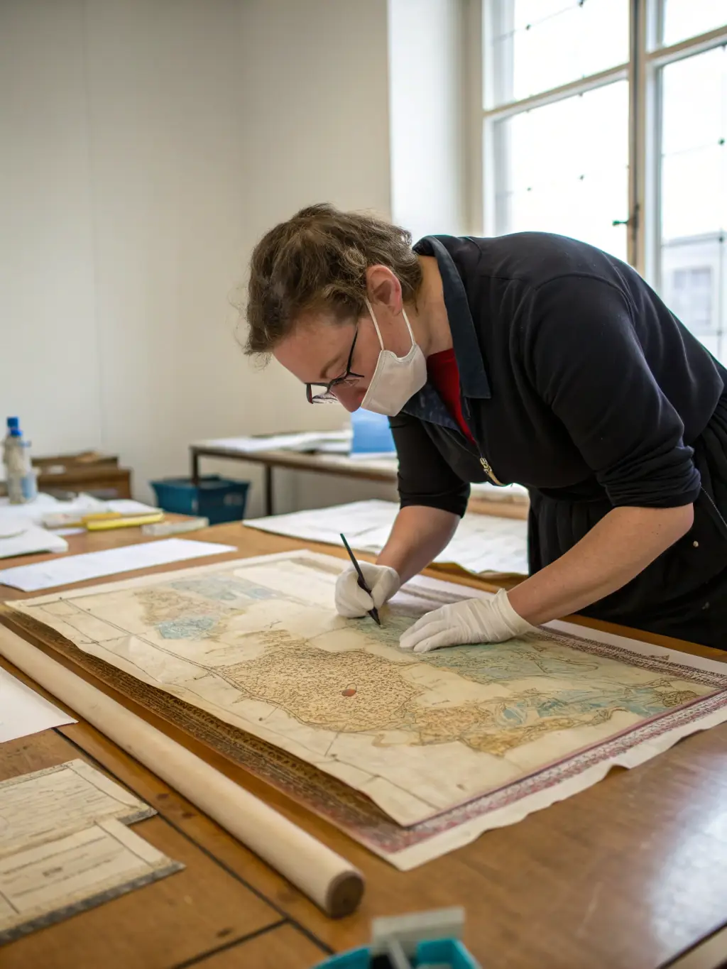 A photograph of a SAMHA volunteer working on the conservation of a historical document at the Musée de la Haute Auvergne.