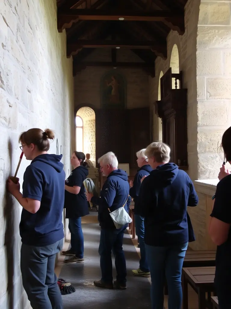 A photograph of volunteers working on the restoration of a historical artifact at the Musée de la Haute Auvergne, showcasing the organization's commitment to preservation.