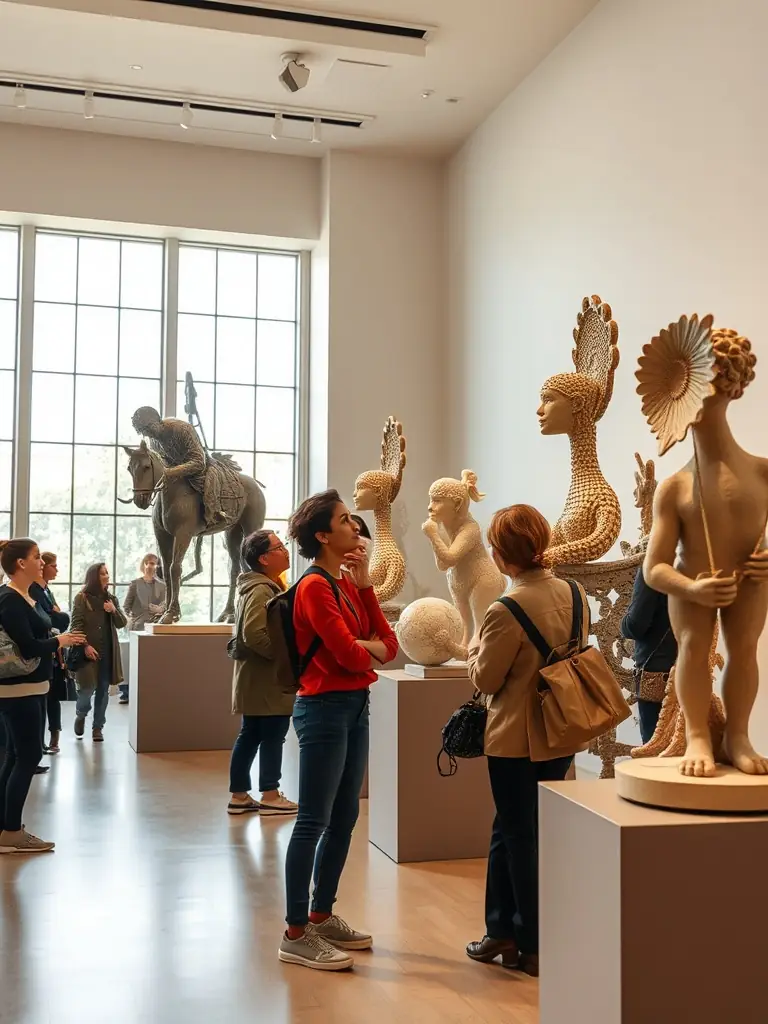 A photograph of an exhibition at the Musée de la Haute Auvergne, showcasing artifacts and historical displays, with visitors engaging with the exhibits.