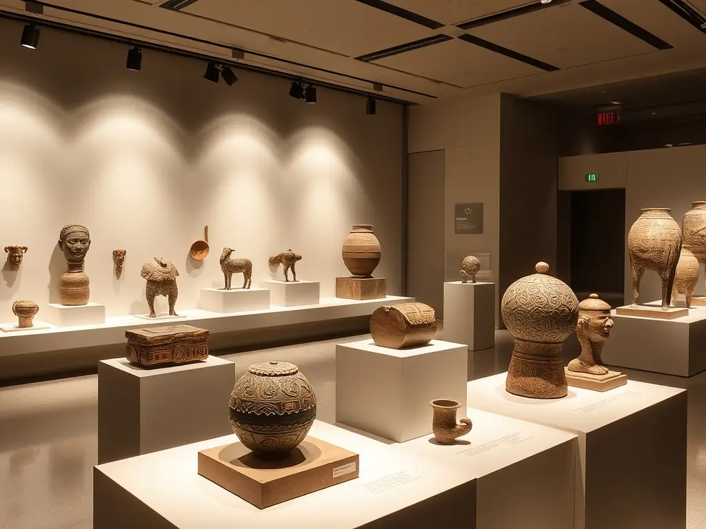 A photograph capturing a SAMHA-organized exhibition at the Musée de la Haute Auvergne, featuring historical artifacts and engaged visitors.